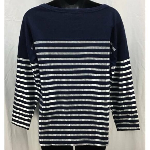 J CREW Top Small 4 6 Black Silver Stripe Pullover Scoop Neck 3/4 Sleeve 1249 - Picture 3 of 7